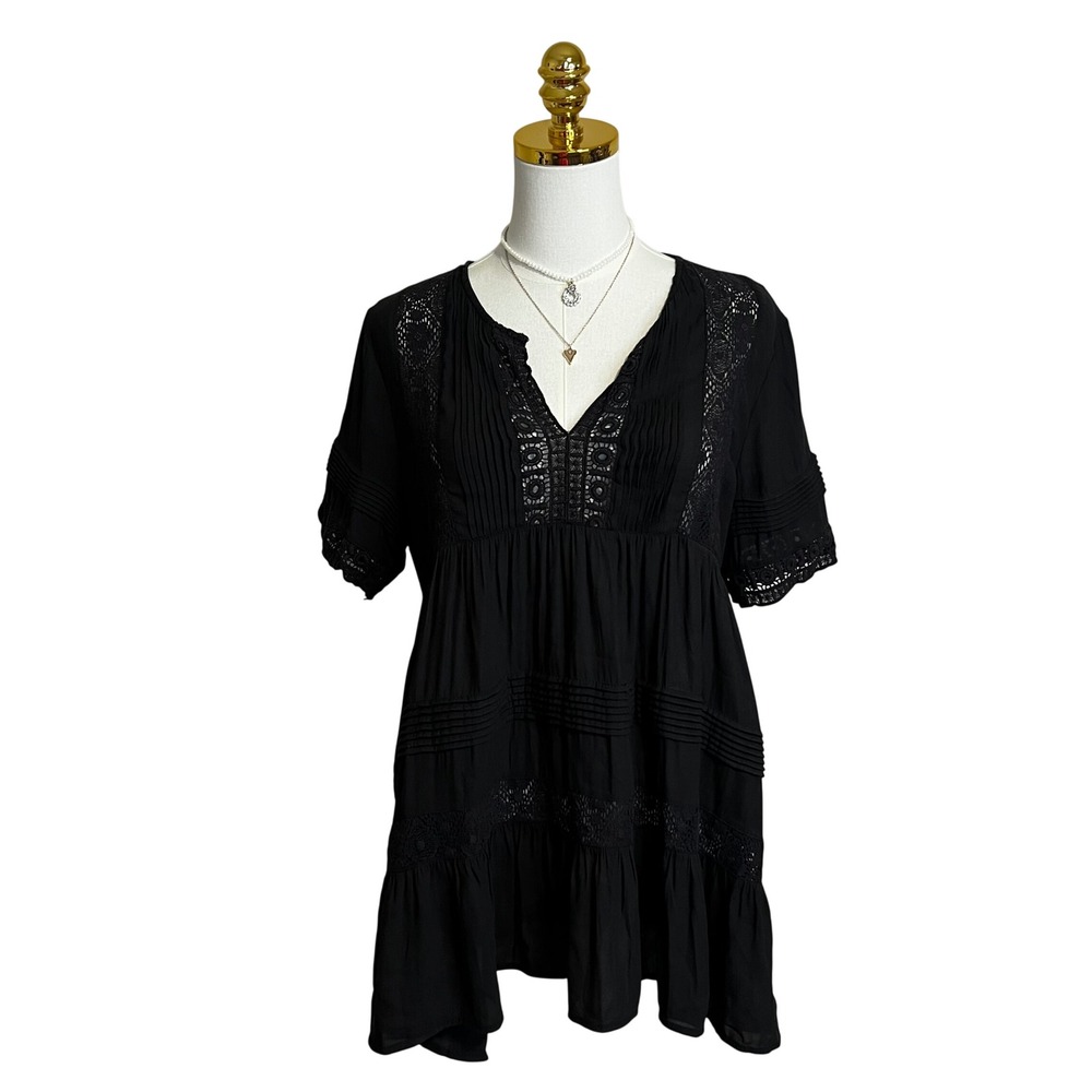 Maeve Anthropologie Black Lace Pintuck Babydoll Tunic Top Short Dress Medium